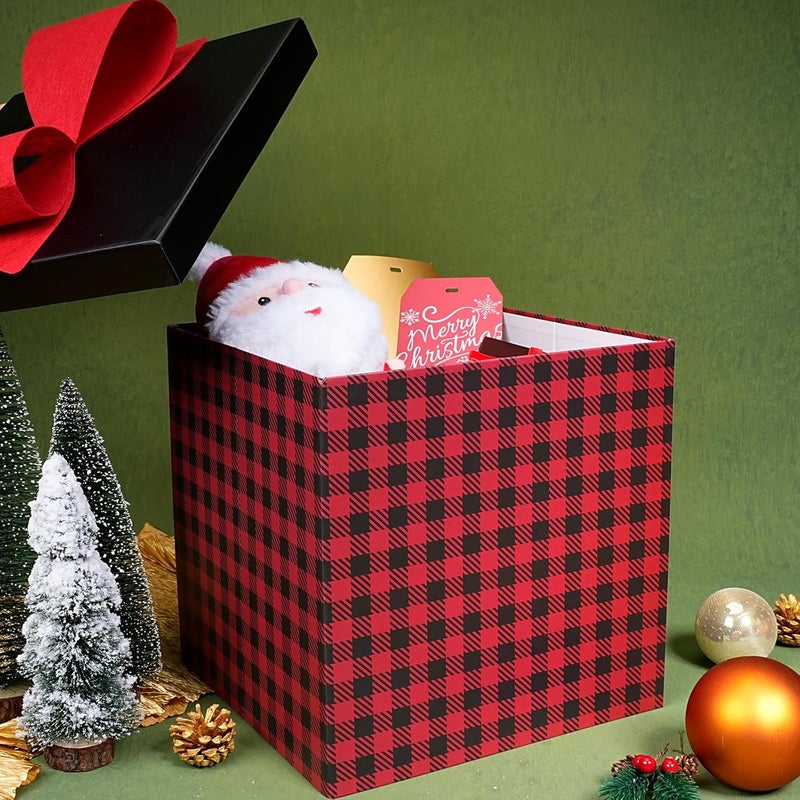 LaRibbons Large Christmas Gift Boxes with Lids,10x10x10 Inches Buffalo Plaid Design Folding Square Gift Boxes for Christmas Decorative,Xmas,Present,Storage,Red and Black - Image 3